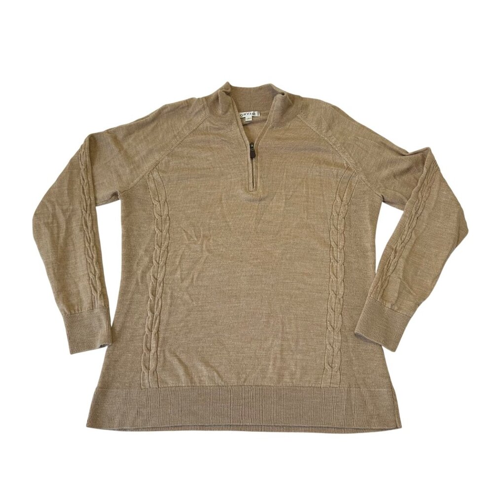 Orvis Mens 100% Merino Wool Quarter Zip Pullover Knit Sweater Size L Khaki Tan